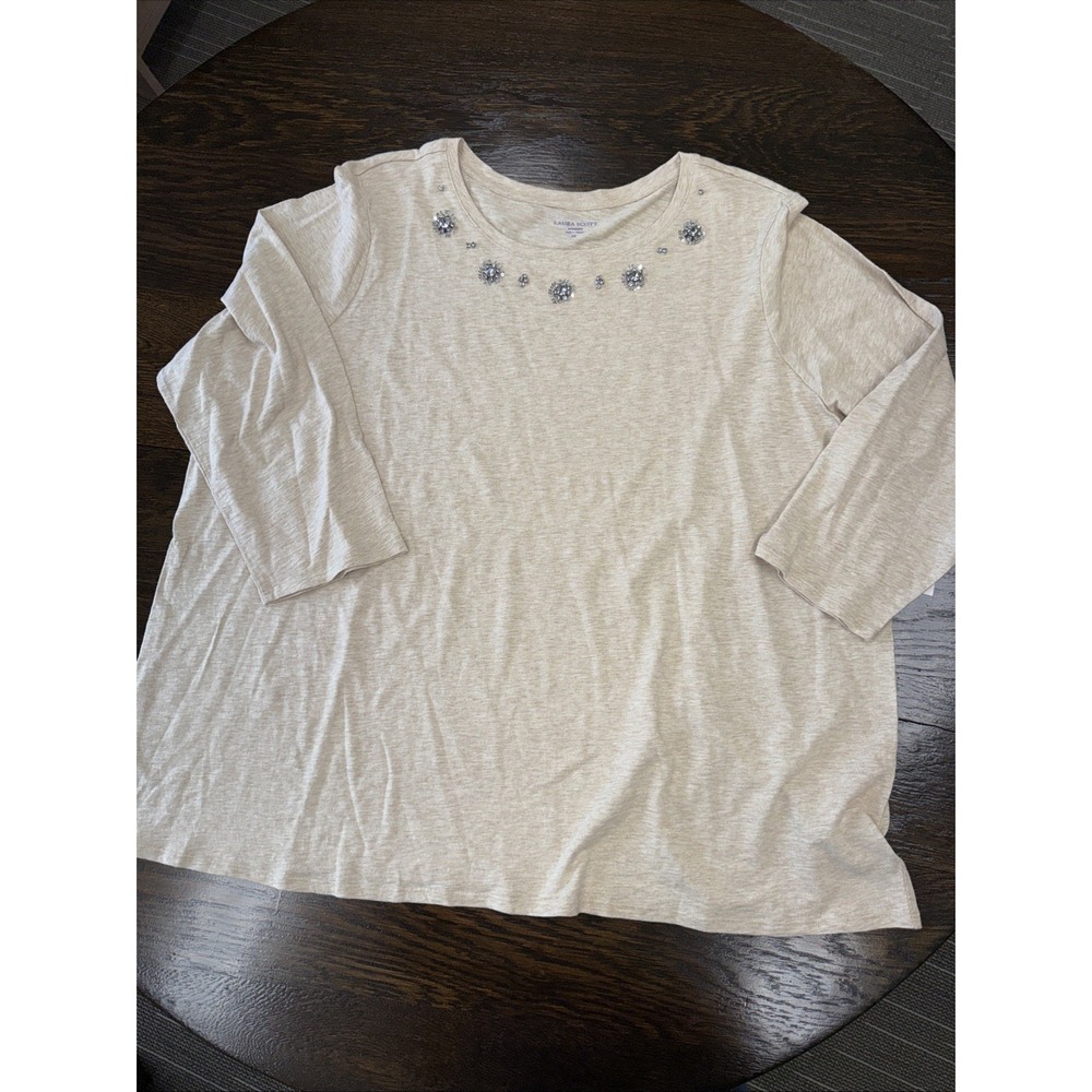 laura scott top 3x 3/4 Sleeve Embellished Tee Natural- NWT